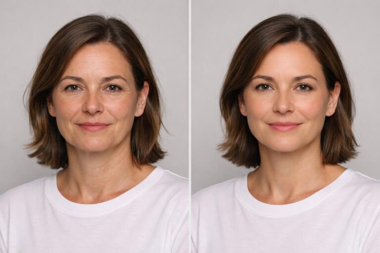 Side-by-side fictional adult portrait showing a subtle, natural facelift-inspired visual preview