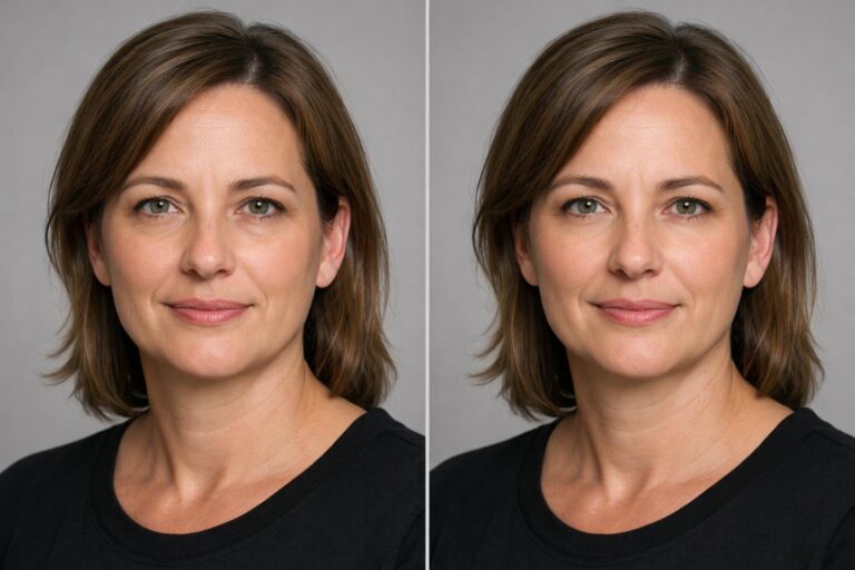 Side-by-side portrait showing a subtle lower-eye contour refinement while preserving the same identity, expression, and natural skin texture.