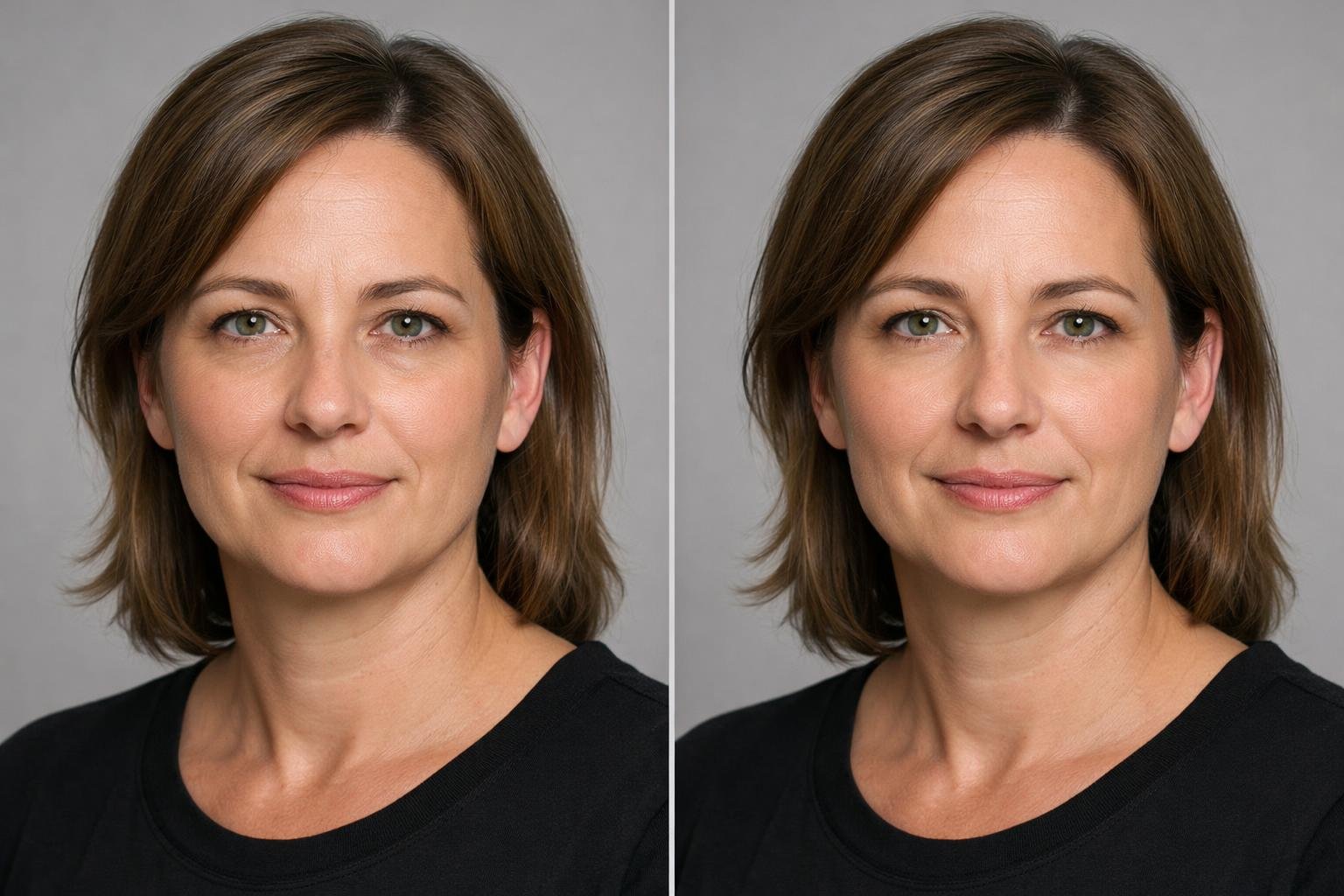 Side-by-side portrait showing a subtle lower-eye contour refinement while preserving the same identity, expression, and natural skin texture.