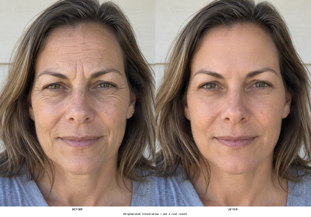 Side-by-side portrait showing visibly softened forehead lines, between-brow creases, and crow’s feet with facial features and skin texture preserved.