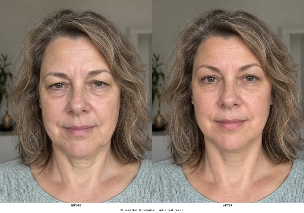 Side-by-side portrait showing the same person before and after a visible brow-position lift, with matching expression and natural skin texture.