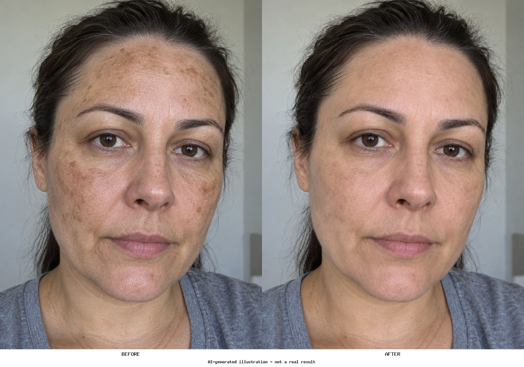Side-by-side portrait showing more even facial skin tone and smoother texture while retaining natural pores and fine lines.