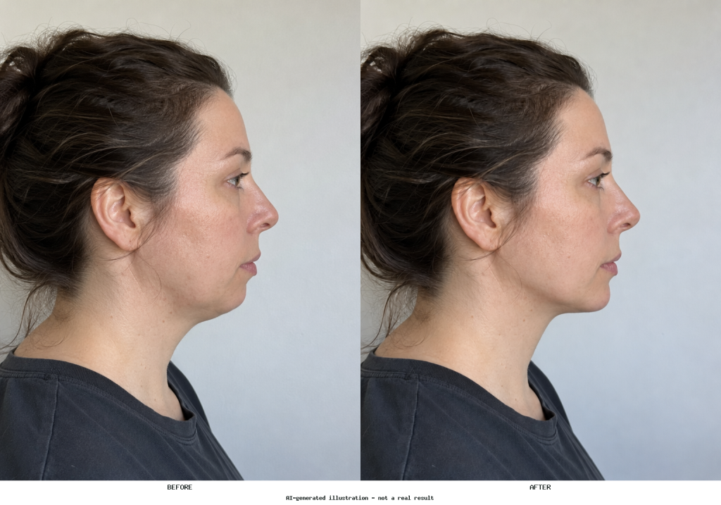 Side-by-side profile portrait showing the original chin on the left and a fuller, more projected chin contour on the right.