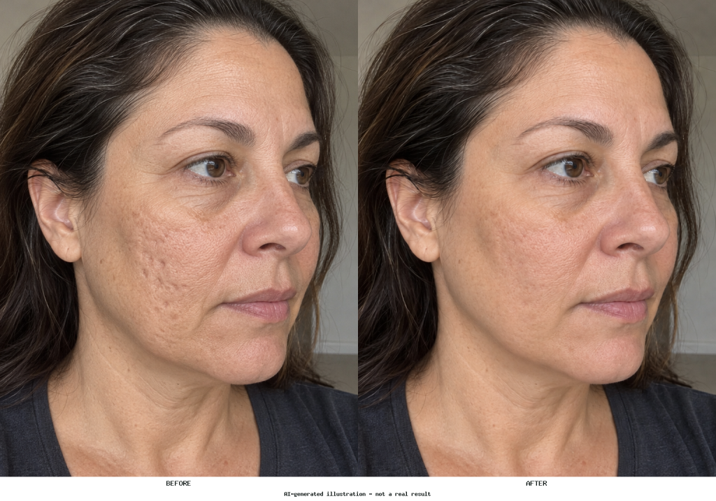 Side-by-side portrait showing visible cheek texture on the left and smoother cheek skin on the right, with facial features and lighting unchanged.