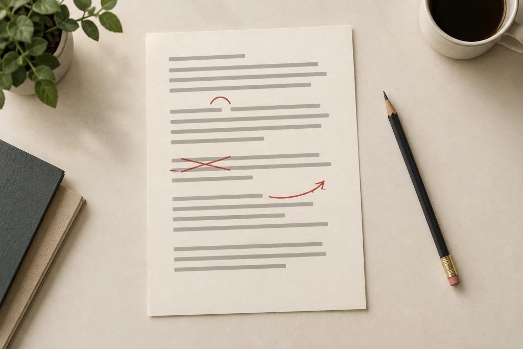 Illustration of an essay page with abstract paragraph lines, red proofreading marks, and a pencil on a desk.