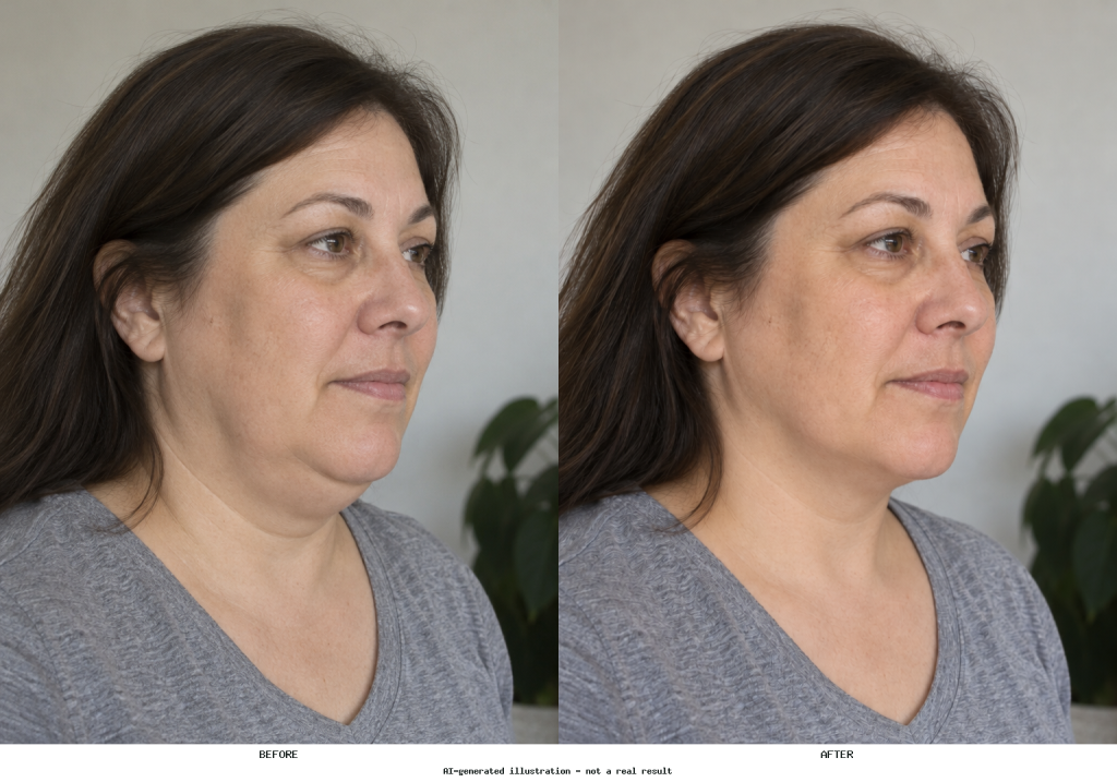 Side-by-side portrait showing a localized reduction in under-chin fullness while facial features and natural skin texture remain unchanged.