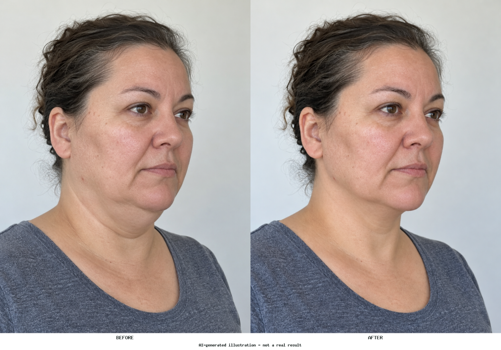 Side-by-side portrait showing the same person before and after a localized reduction in under-chin fullness, with facial features unchanged.
