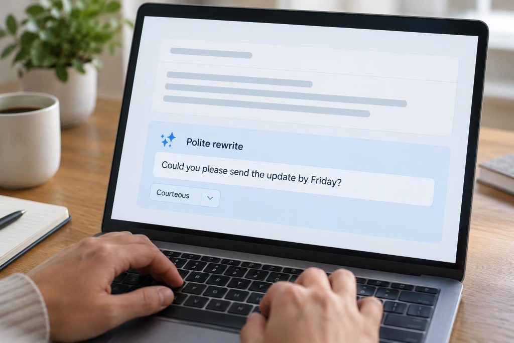 Close-up of a laptop on a desk with a short email-like layout on its screen and hands resting on the keyboard.