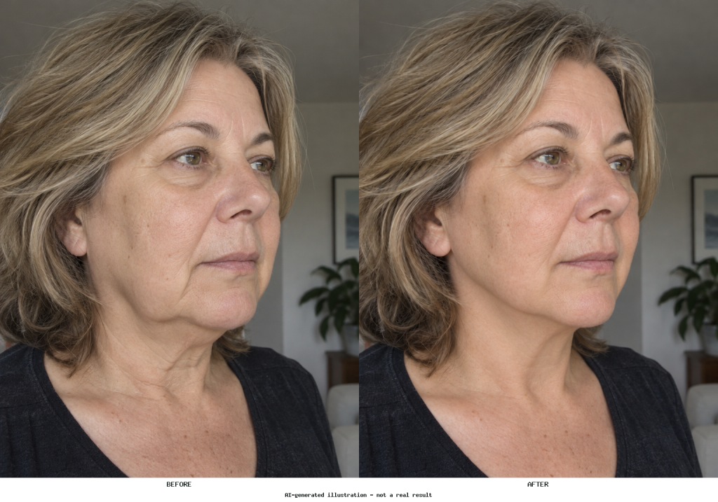 Side-by-side AI aesthetic illustration of the same portrait before and after a localized facelift-inspired jawline and under-chin edit.