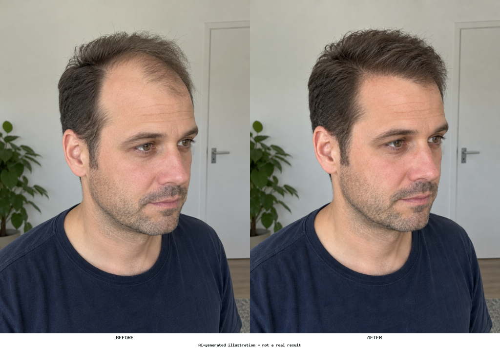 Side-by-side portrait showing visible temple recession and frontal thinning beside an edited preview with a fuller, naturally irregular hairline.