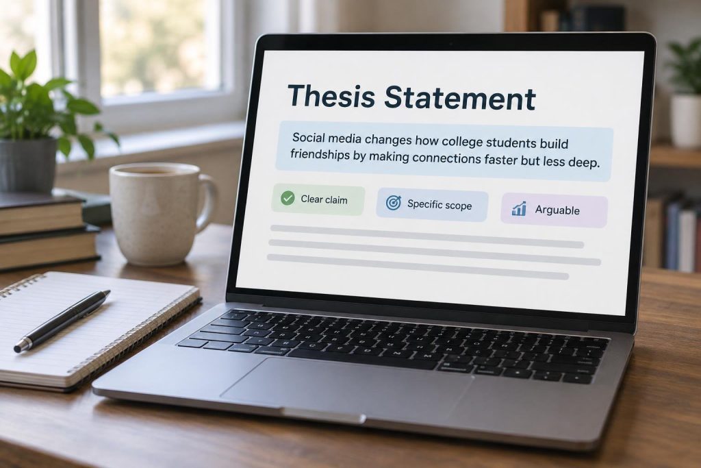 Laptop on a writing desk with a highlighted passage and three annotation blocks on an abstract document screen.