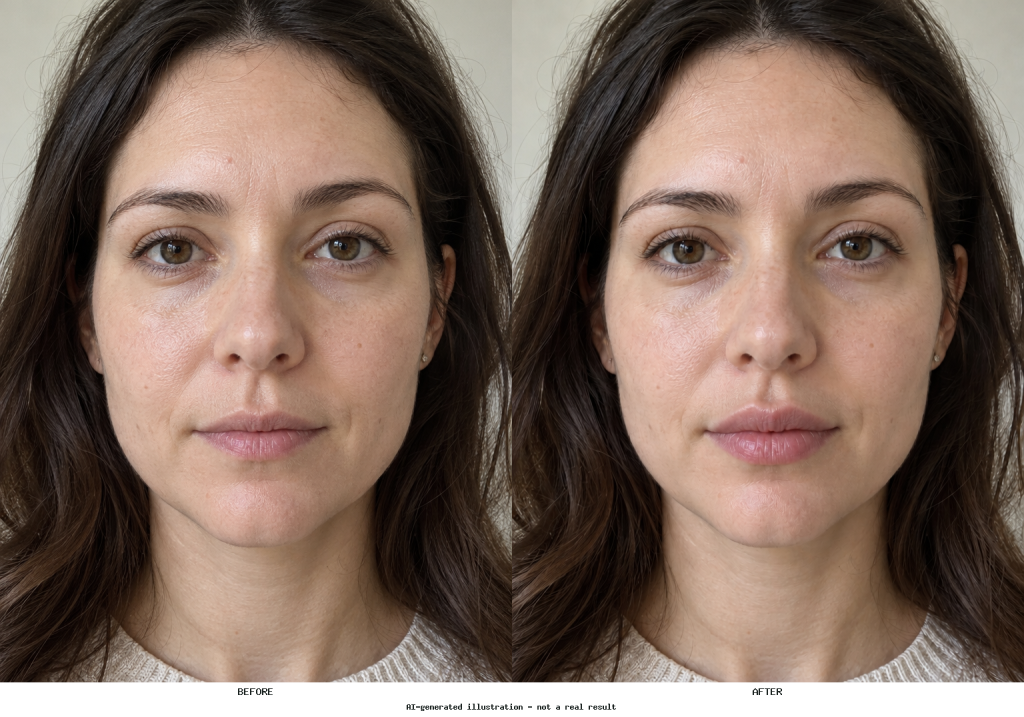 Side-by-side portrait showing original lips and a fuller-lip edit with the same expression and facial features.
