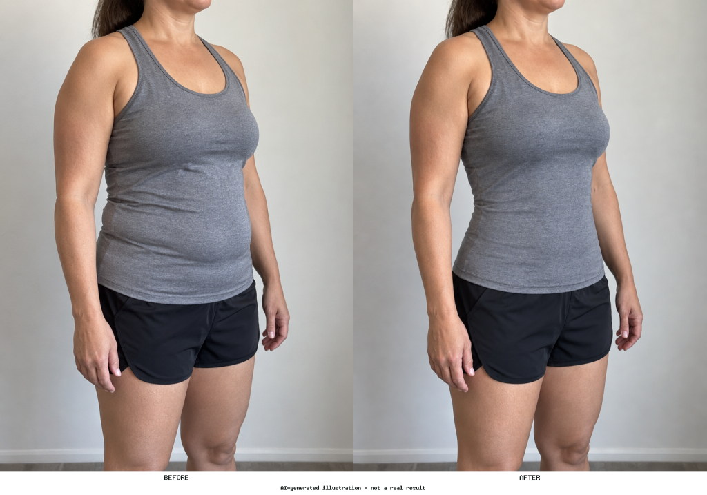 Side-by-side photo comparison showing a localized waist and abdomen contour edit with the same clothing, pose, and background.