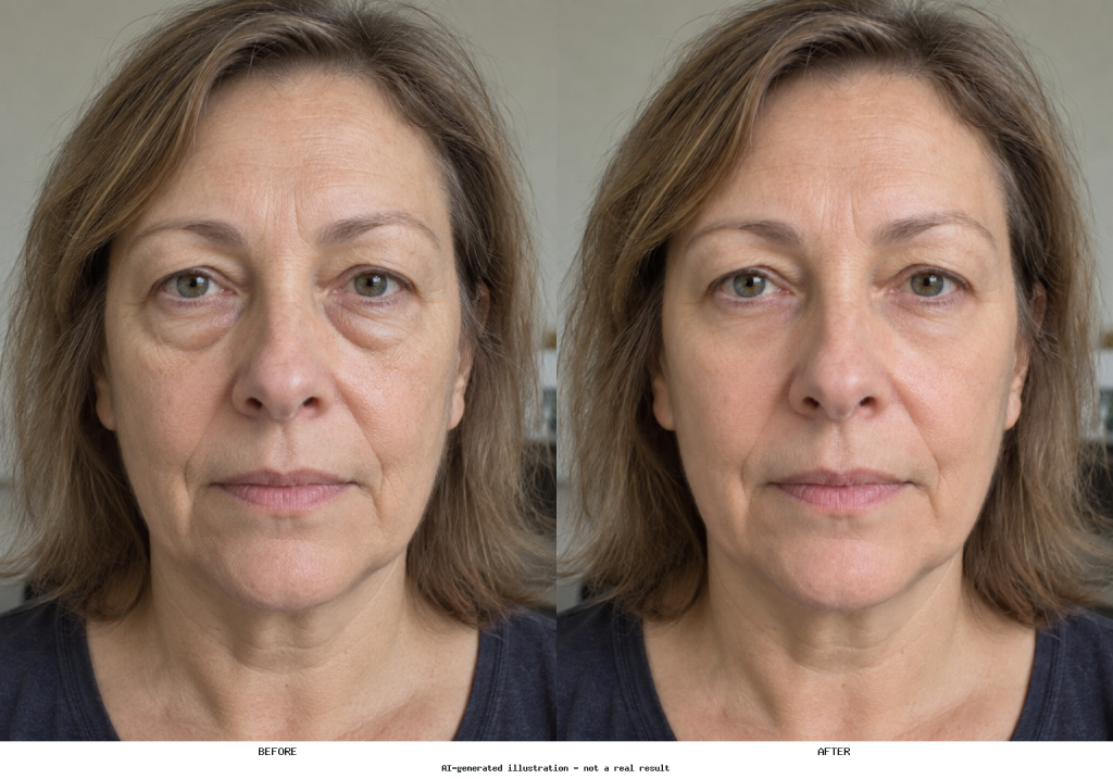Side-by-side portrait illustration showing reduced lower-eyelid bags and softer under-eye hollows, with the rest of the face unchanged.
