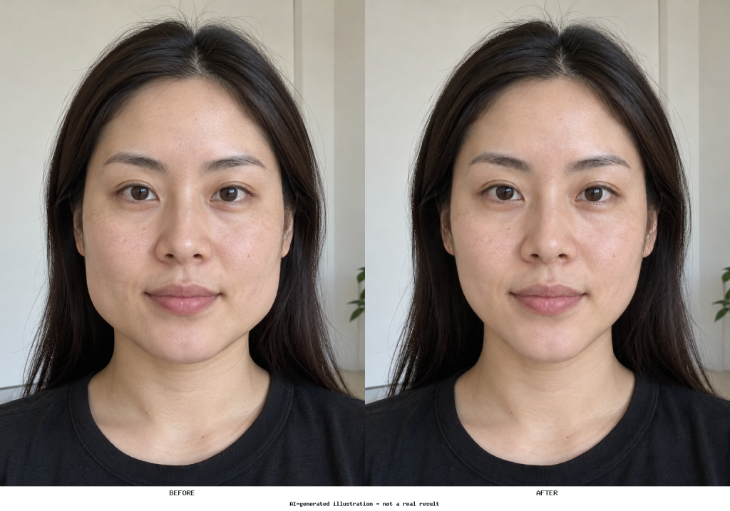 Side-by-side portrait showing the original jaw contour on the left and reduced fullness near the jaw angles on the right.