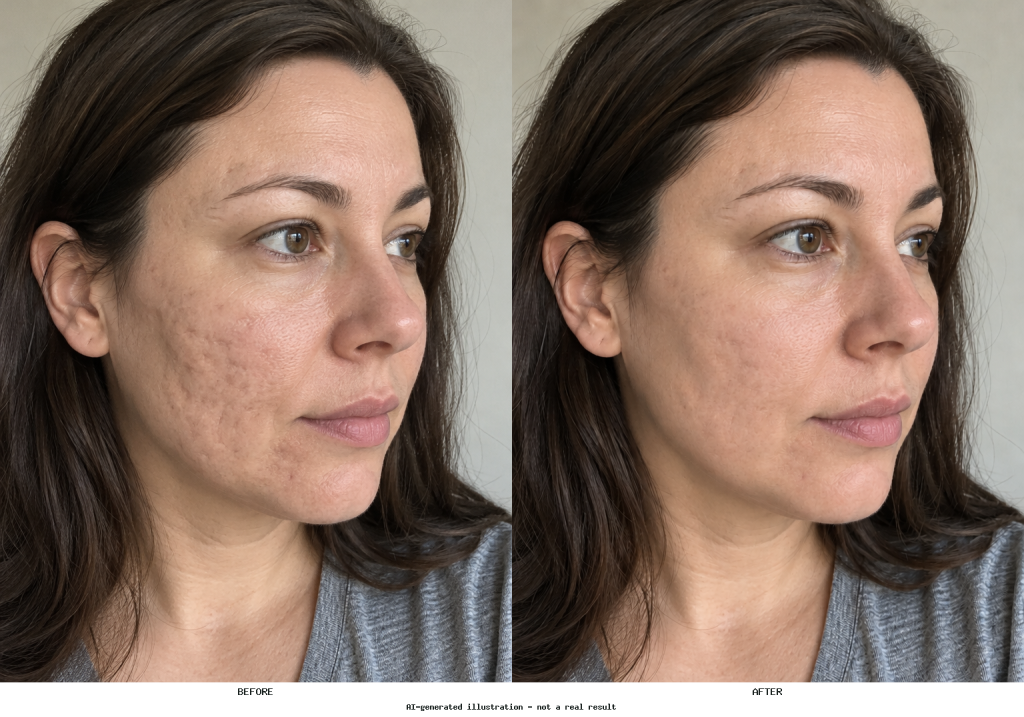 Side-by-side portrait showing original cheek texture and a smoother photo edit with natural pores retained.