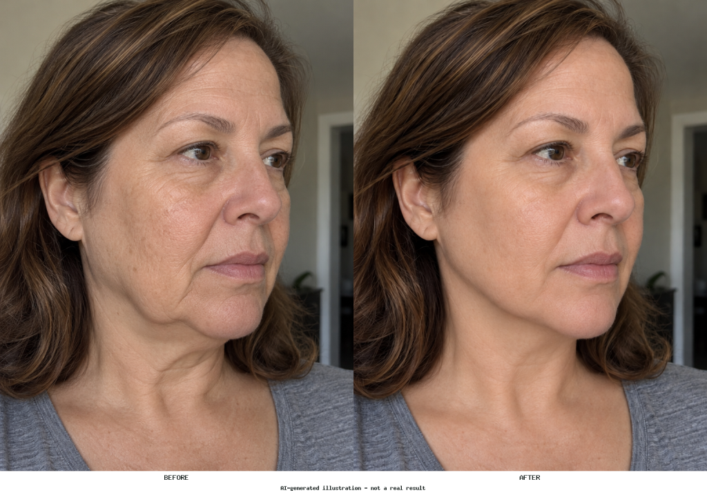 Side-by-side AI portrait edit showing smoother cheek texture and firmer-looking lower-face contours with the same expression and lighting.