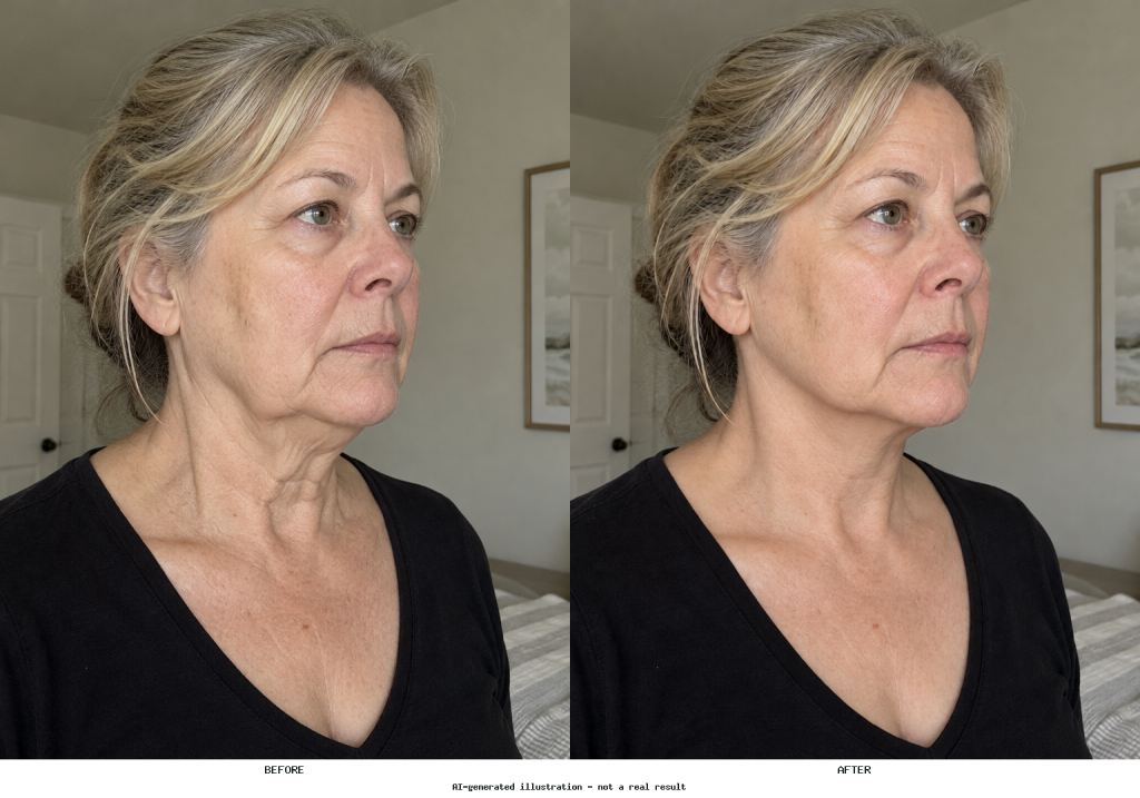 Side-by-side portrait showing the original neck contour and a neck-lift-inspired edit with reduced under-chin folds and softened neck bands.