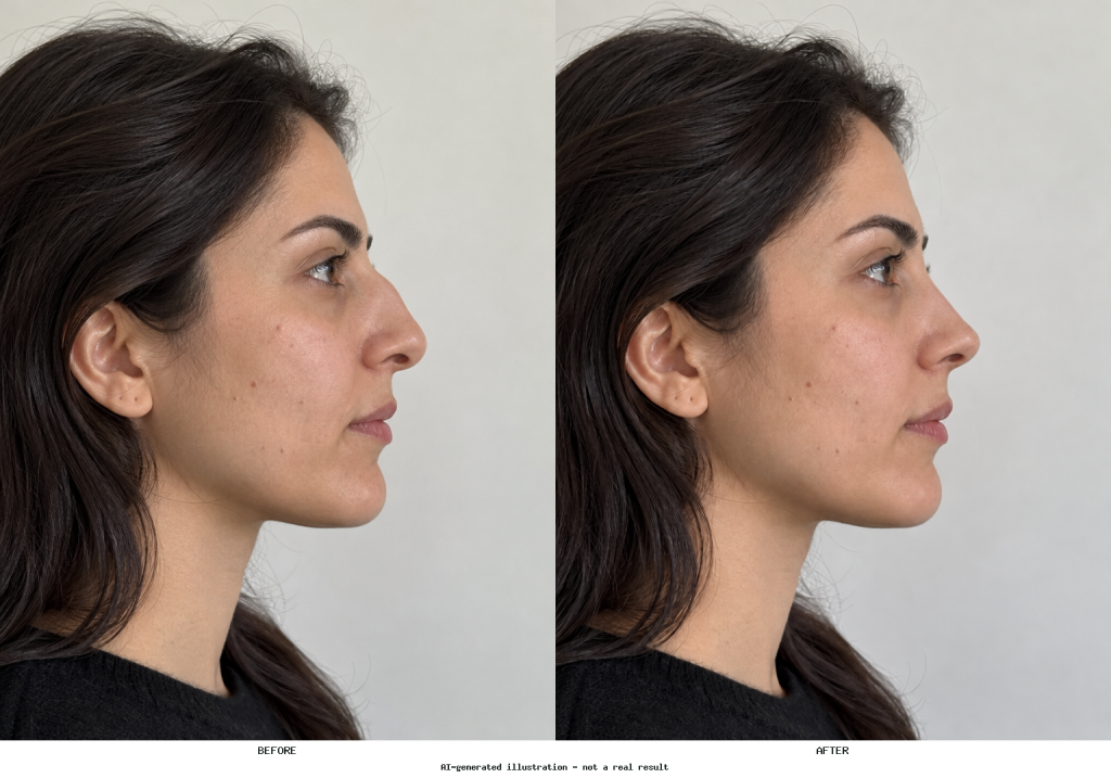 Side-by-side profile portraits showing a smoother nasal bridge and more defined tip, with the rest of the face and photo unchanged.