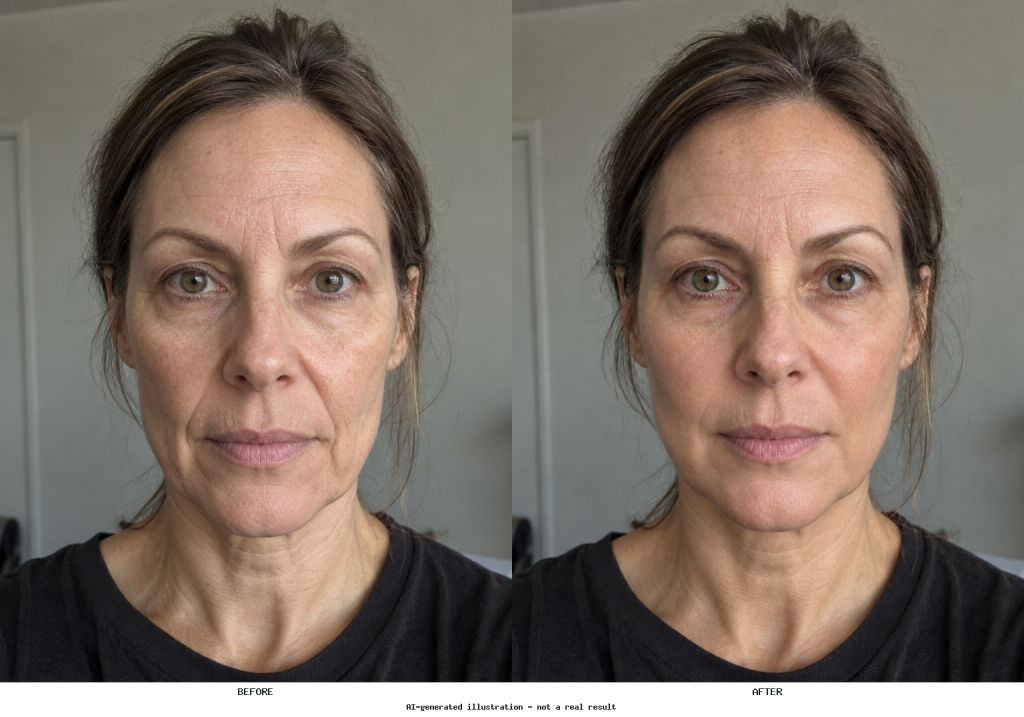 Side-by-side AI cheek-volume illustration showing fuller midcheek contours and softer smile folds while retaining the same expression and skin texture.