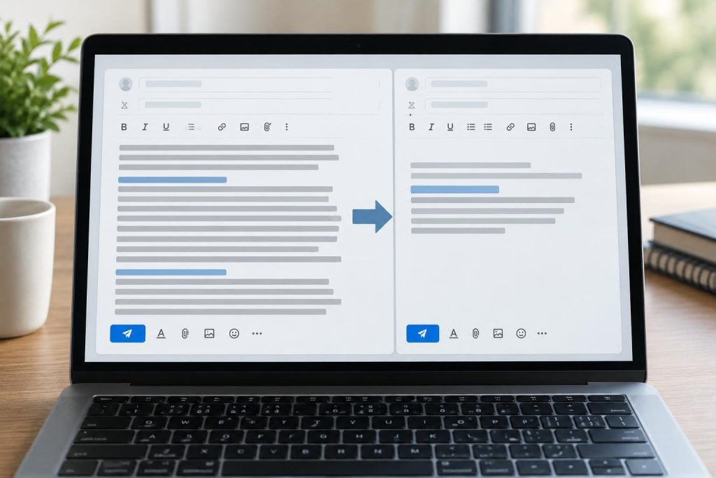 Laptop showing a long email represented by dense lines beside a shorter draft with matching highlighted details.