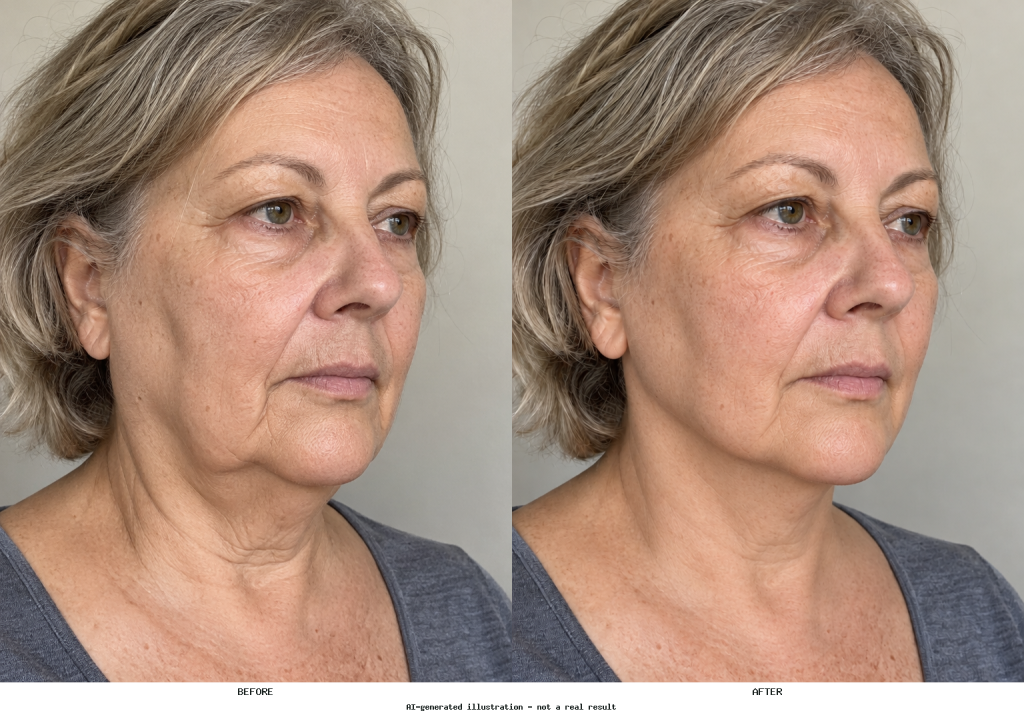 Side-by-side portrait showing a localized skin-tightening edit along the jawline and under the chin, with natural skin texture retained.