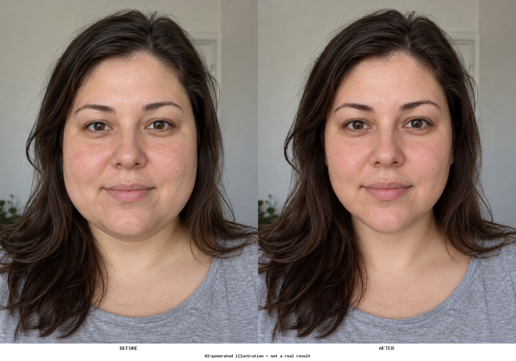 Side-by-side portrait showing the original rounded cheek and lower-face outline on the left and a narrower contour on the right.