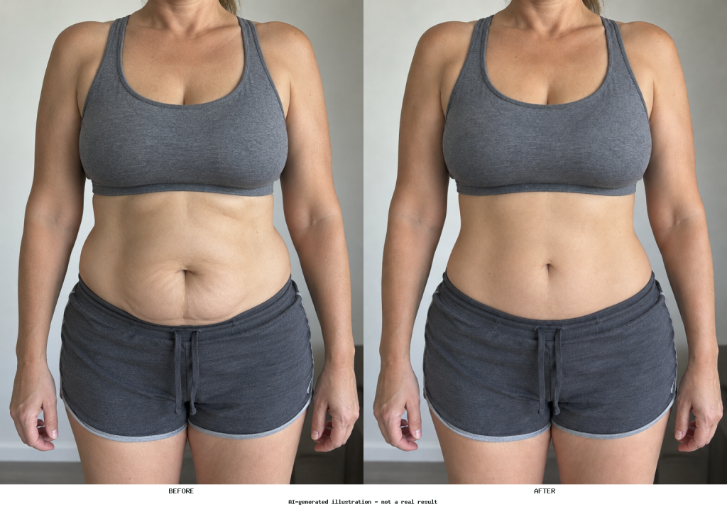 Side-by-side abdominal photo comparison showing a smoother, flatter lower abdomen with the same clothing, pose, and body proportions.