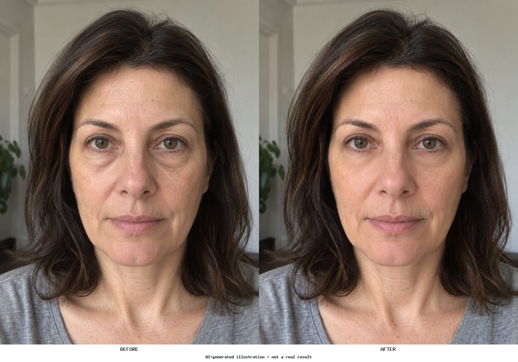 Side-by-side portrait showing softened under-eye hollows with the same expression, lighting, and natural skin texture.