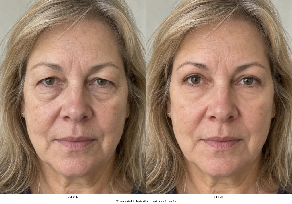 Side-by-side portrait showing reduced upper-eyelid hooding while eyebrows, lower eyelids, expression, and skin texture remain unchanged.