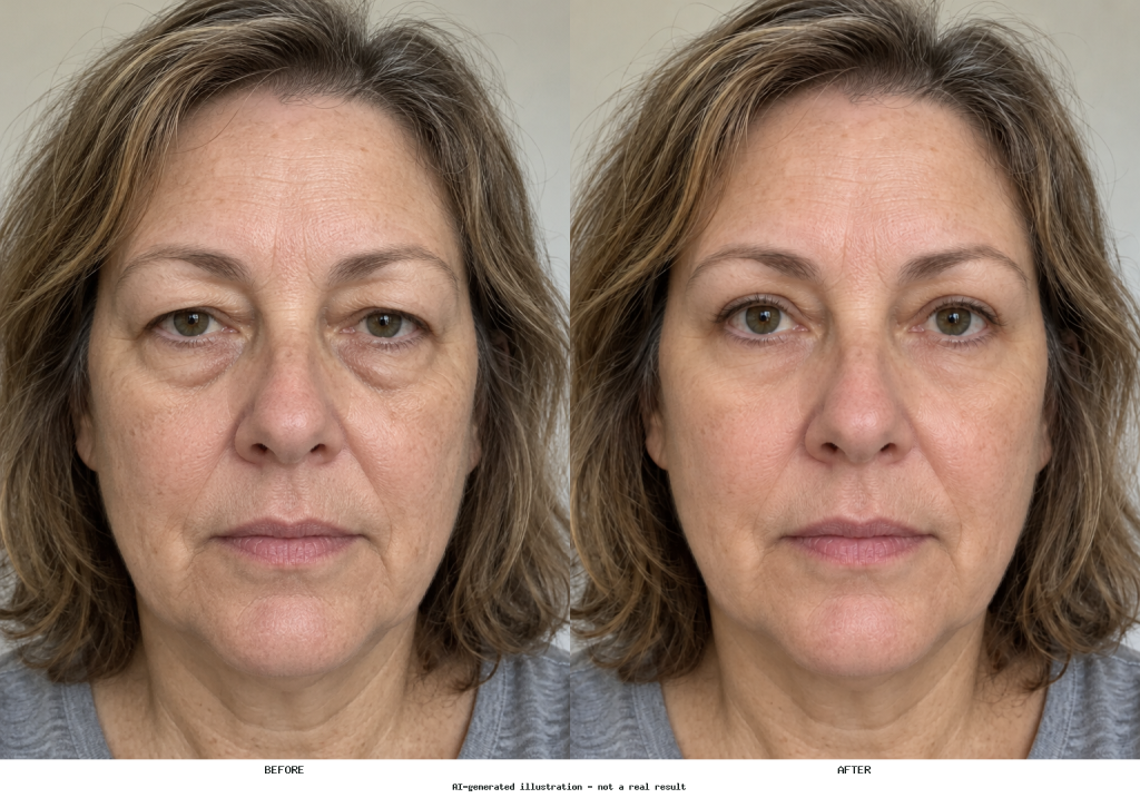 Side-by-side portrait showing reduced upper-eyelid hooding and lower-eyelid bags, with the same expression and natural skin texture.
