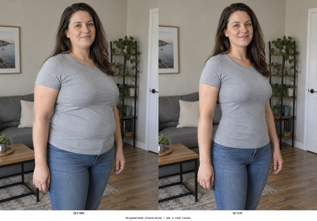 Side-by-side comparison of the same person with the original photo on the left and a visibly slimmer waist edit on the right.