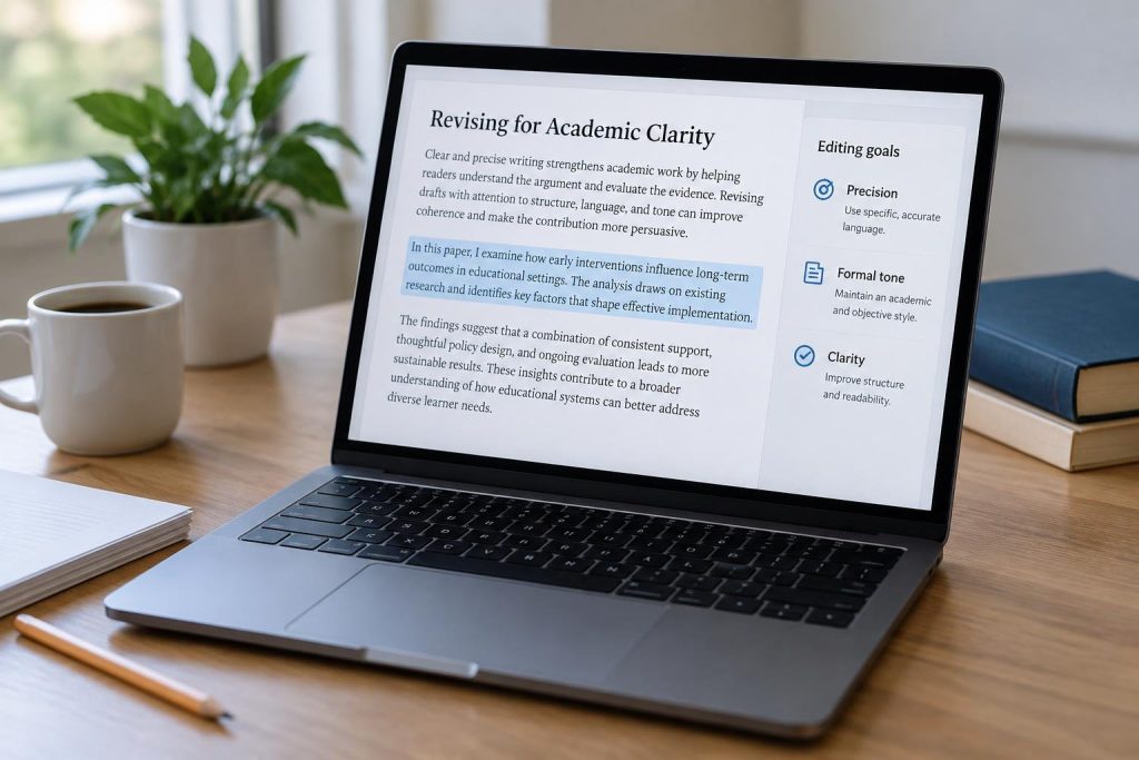 Laptop on a study desk with an abstract document display, a pencil, and papers.